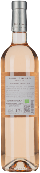 Roséweinflasche, hellrosa, elegante Etikettierung, silberner Verschluss.