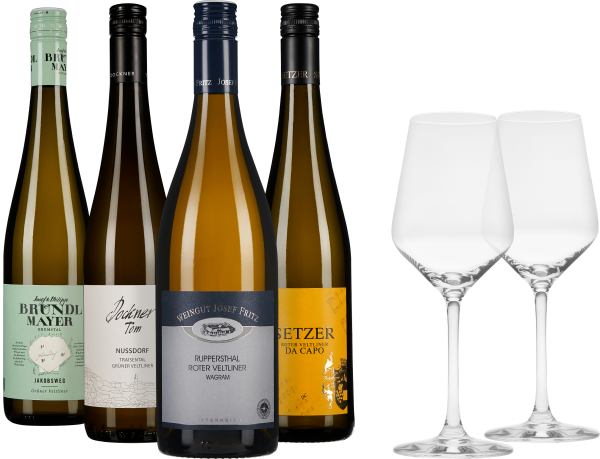 Ein Set aus vier verschiedenen Weinflaschen mit unterschiedlich gestalteten Etiketten und zwei stilvollen Weingläsern im Vordergrund.