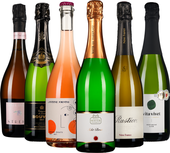 Ein elegantes Set aus sechs Sektflaschen, jede mit unterschiedlichem Etikett und Verschluss. Die Flaschen variieren in Farbe und Design, von Pastelltönen bis hin zu kräftigem Schwarz und Grün, verziert mit Details wie goldenen und schwarzen Folien.