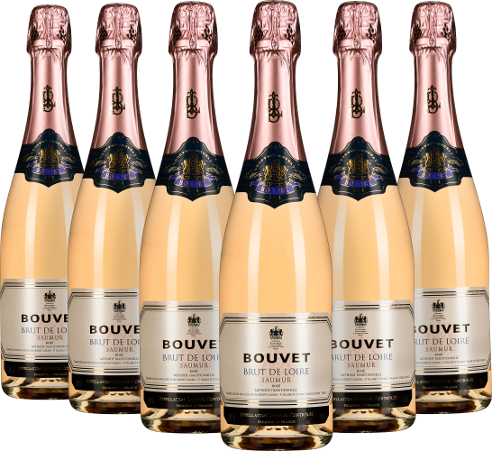 Sechs Flaschen Brut de Loire Sekt mit roségoldenem Hals und eleganten Etiketten.