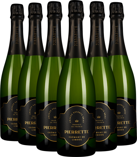 Sechs grüne Champagnerflaschen mit schwarzem Etikett und goldener Schrift, elegant platziert.