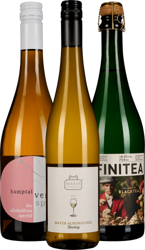 Drei farbenfrohe Flaschen mit modern gestalteten Etiketten und unterschiedlichen Verschlüssen.