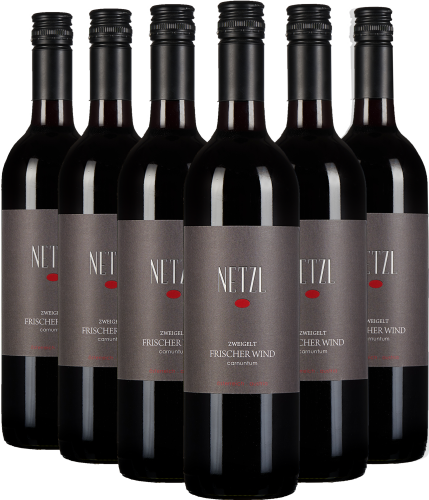 Sechs Weinflaschen mit grauen Etiketten und schwarzem Verschluss, in einer Reihe.