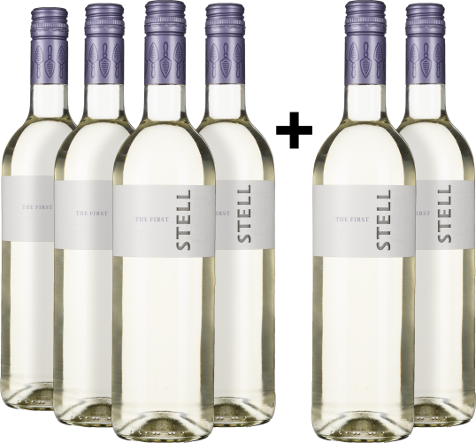 Sechs Flaschen Weißwein mit weißem Etikett und lila Verschluss.