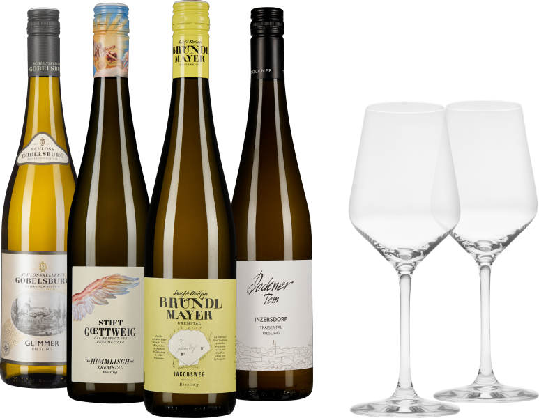 Fünf Weinflaschen mit unterschiedlich gestalteten Etiketten, darunter farbige Illustrationen und Schriftzüge, begleitet von zwei eleganten, klaren Weingläsern.