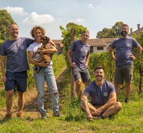 Gruppe von fünf Personen mit Hund in einem sonnigen Weinberg.