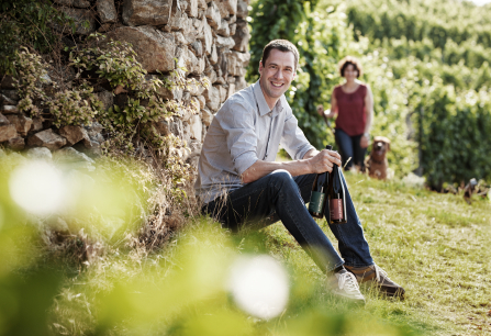 Mann im Weinberg mit Weinflaschen, auf einer Steinmauer sitzend.