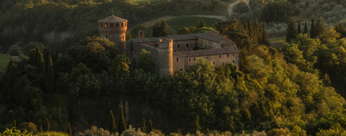 Mittelalterliche Burg eingebettet in eine grüne, bewaldete Hügellandschaft im sanften Abendlicht.