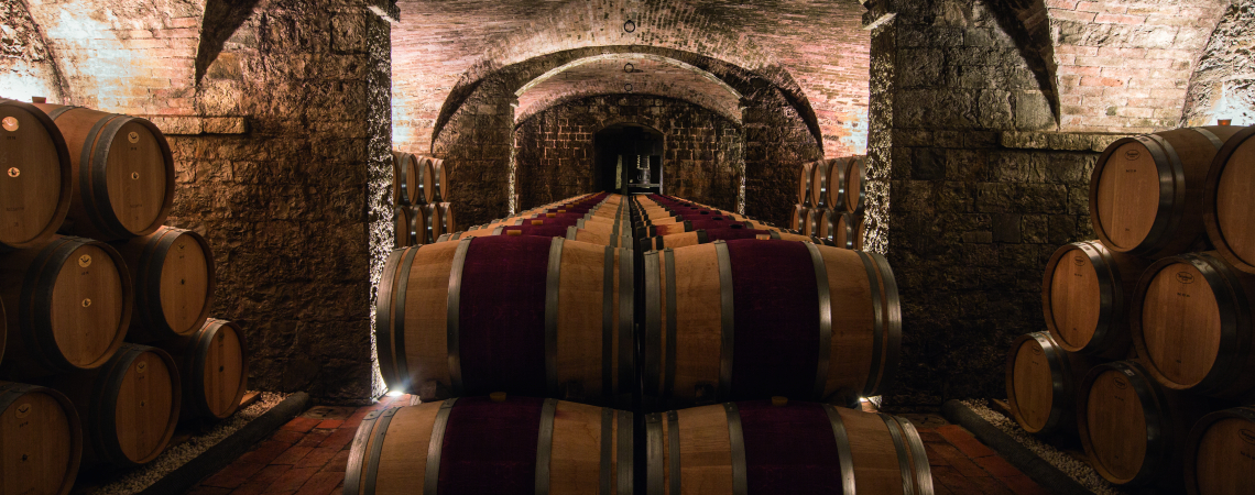 Stimmungsvolle Weinkellerei mit Holzfässern und beleuchtetem Ziegelgewölbe.