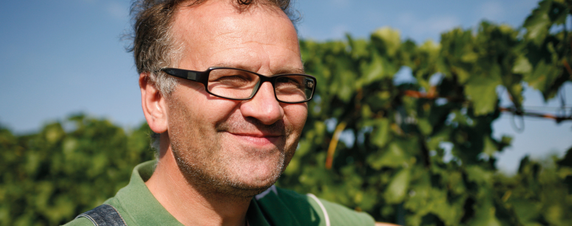 Lächelnder Mann mit Brille vor grünem Weinberg an einem sonnigen Tag.