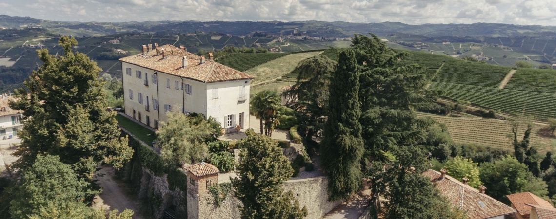 Luftaufnahme einer Villa mit roten Ziegeldächern, umgeben von grünen Weinbergen.