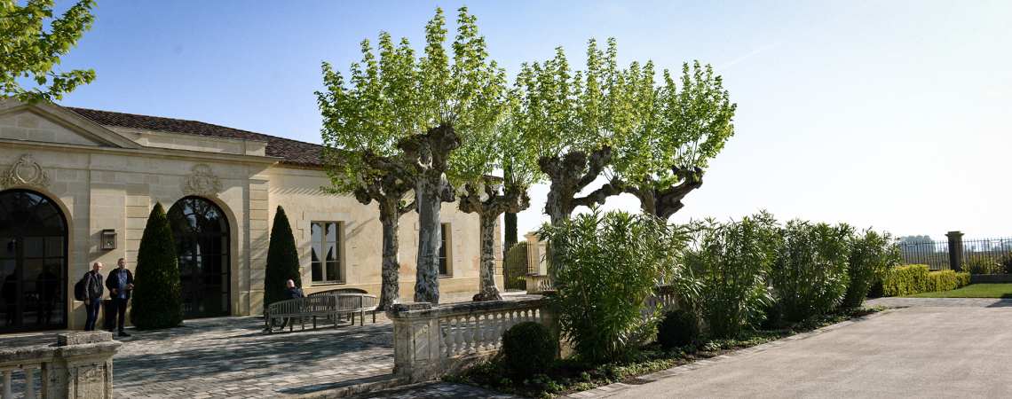 Historisches Gebäude mit hellem Stein, Bäumen entlang der Fassade, sonniger Tag.