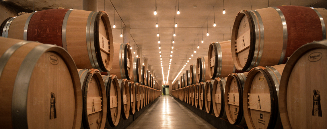 Weinkeller mit Holzfässern in langen Reihen, gedämpftes Licht.