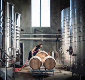 Frau arbeitet in einer modernen Weinkellerei mit großen Edelstahltanks und Holzfässern.