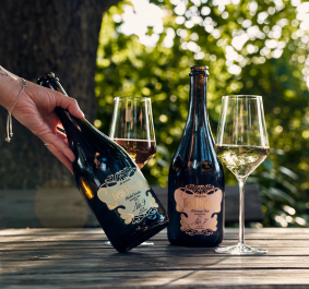 Zwei Sektflaschen und Gläser auf Holztisch im grünen Garten.