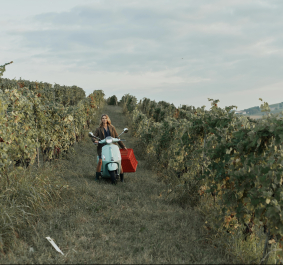 Frau auf hellblauem Roller in einem grünen Weinberg, dahinter hügelige Landschaft.
