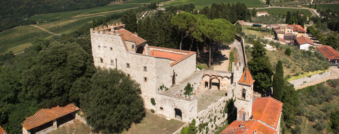 Mittelalterliche Burg in grüner Landschaft, umgeben von Bäumen und Hügeln.