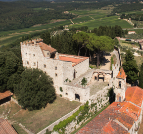 Mittelalterliche Burg in grüner Landschaft, umgeben von Bäumen und Hügeln.