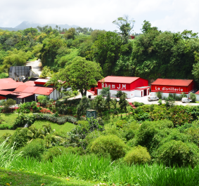 Rote Gebäude in üppiger, grüner, tropischer Landschaft mit blauem Himmel.