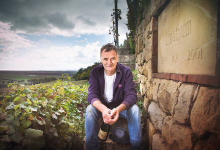 Mann sitzt mit Flasche Wein in malerischem Weinberg vor Steinmauer.