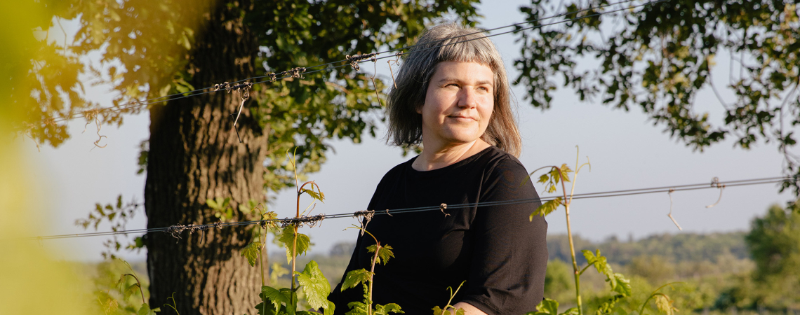 Frau im Weinberg bei Sonnenschein, zwischen grünen Reben, Baum im Hintergrund.