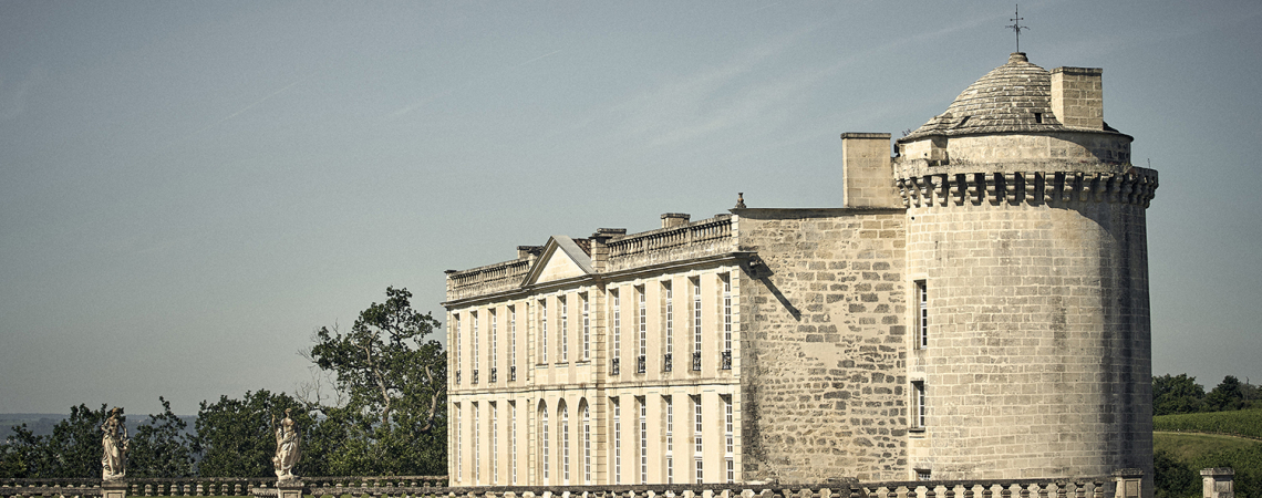 Historisches Schloss mit Rundturm und gepflegtem Garten bei klarem Himmel.