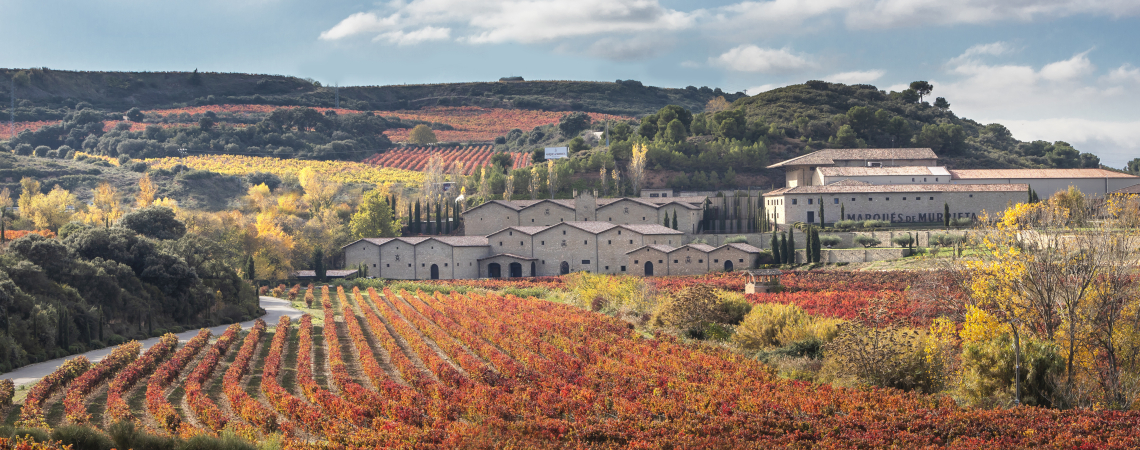 Hügellandschaft mit bunten Weinbergen und einem Gutshof im Herbst.