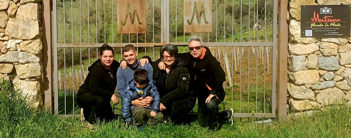 Steinmauer mit dekorativem Metalltor, umgeben von grüner Landschaft und Bäumen.