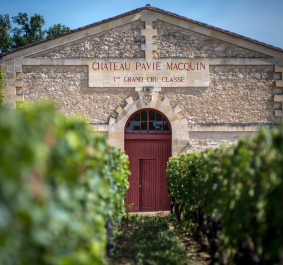 Historisches Steingebäude mit rotem Tor, umgeben von Weinreben.