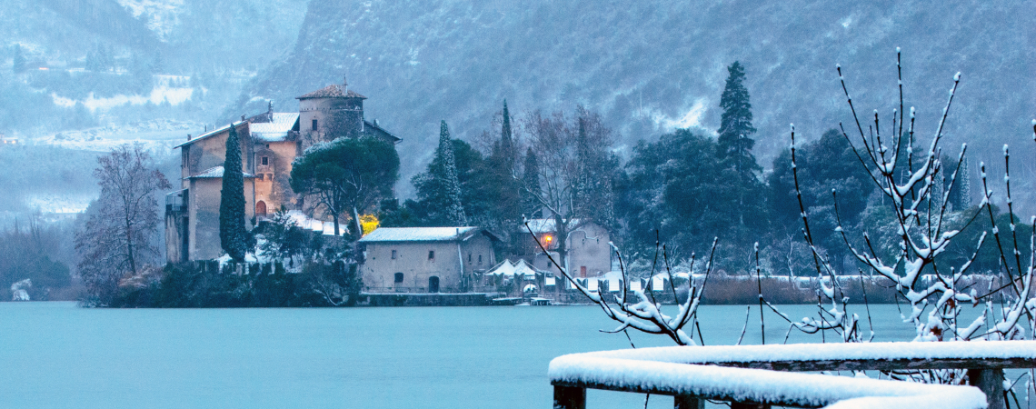 Verschneite Landschaft mit Schloss am Seeufer, gefrorene Äste und ein schneebedeckter Zaun im Vordergrund.
