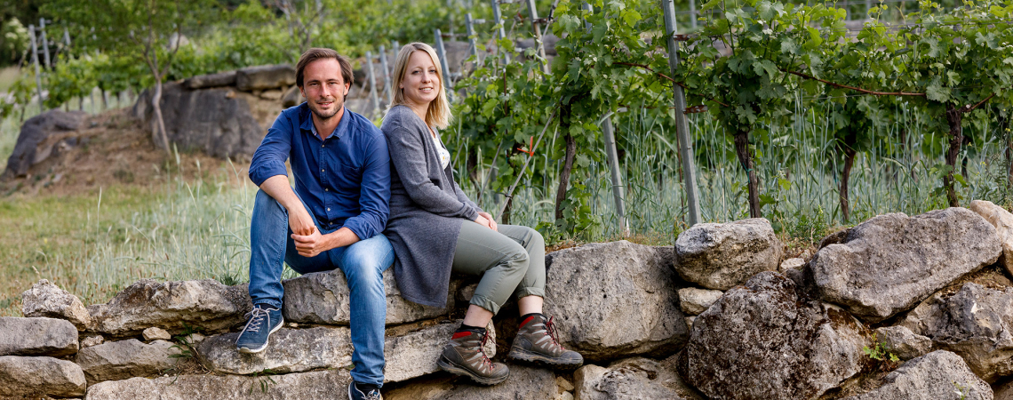Zwei Personen sitzen auf einer Steinmauer in einem Weinberg.