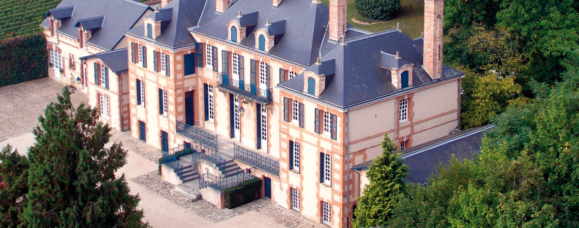 Luftaufnahme eines eleganten Herrenhauses inmitten grüner Weinberge und Bäume.