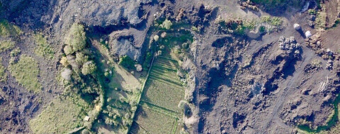 Luftaufnahme von grünen Feldern neben dunkler, zerklüfteter Landschaft.