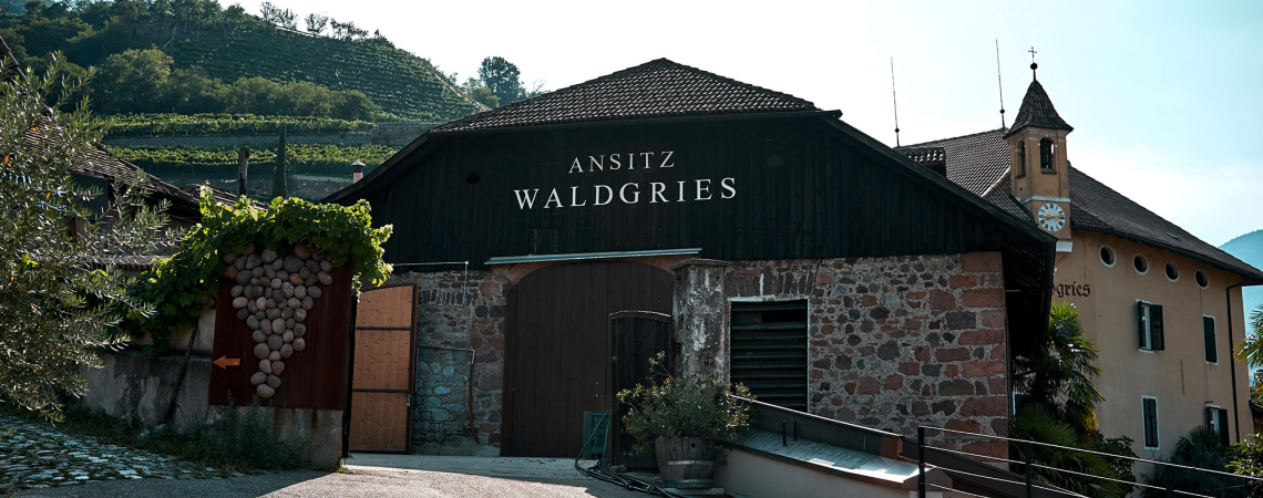 Historisches Weingut aus Stein mit Holzverkleidung, umgeben von grüner Landschaft.