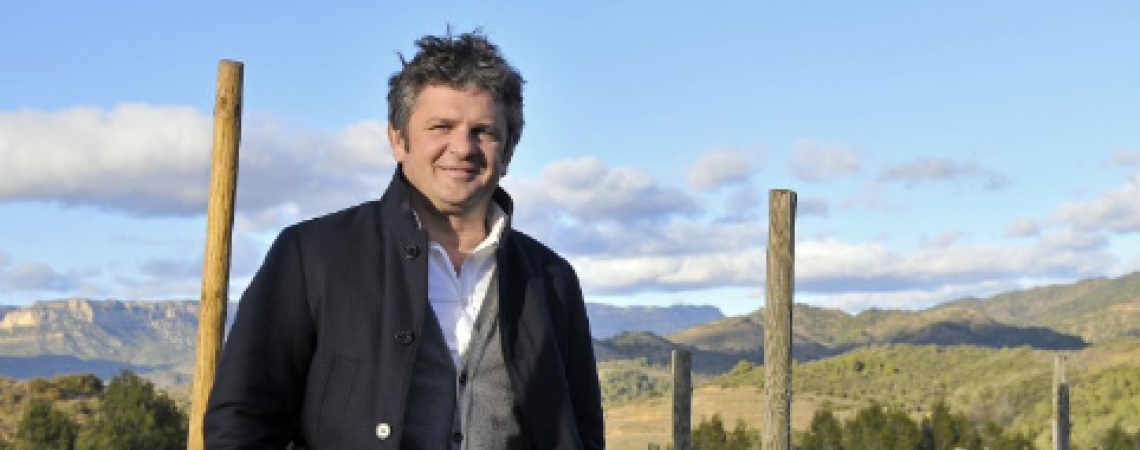 Mann in eleganter Kleidung steht in einem hügeligen Weingarten bei klarem Himmel.