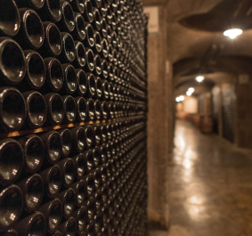 Weinkeller mit dicht gestapelten Flaschen entlang einer beleuchteten, rustikalen Steinwand.