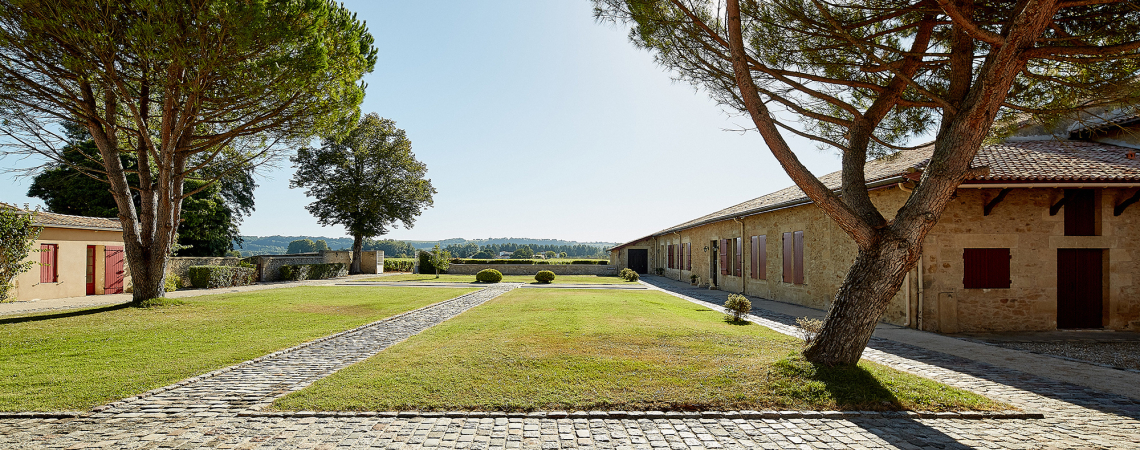Gepflasterter Weg zwischen grünen Rasenflächen, flankiert von großen Bäumen und Gebäuden.