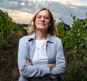 Frau mit rosafarbener Brille steht in einem sonnenbeschienenen Weinberg.
