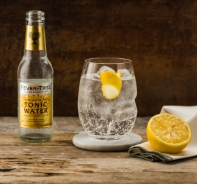 Glas Tonic Water mit Zitronenscheiben und Flasche auf rustikalem Holzuntergrund.
