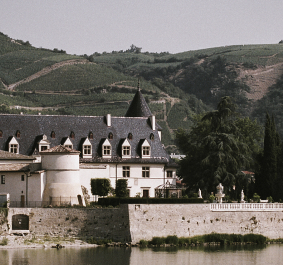 Schloss am Fluss mit grünen Weinbergen im Hintergrund.