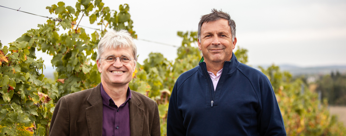 Zwei Männer lächeln vor grünen Weinreben im Freien.