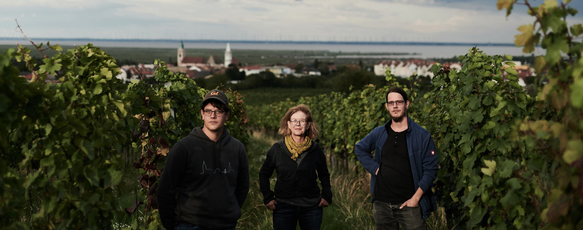 Drei Personen im Weinberg mit Dorf und See im Hintergrund.