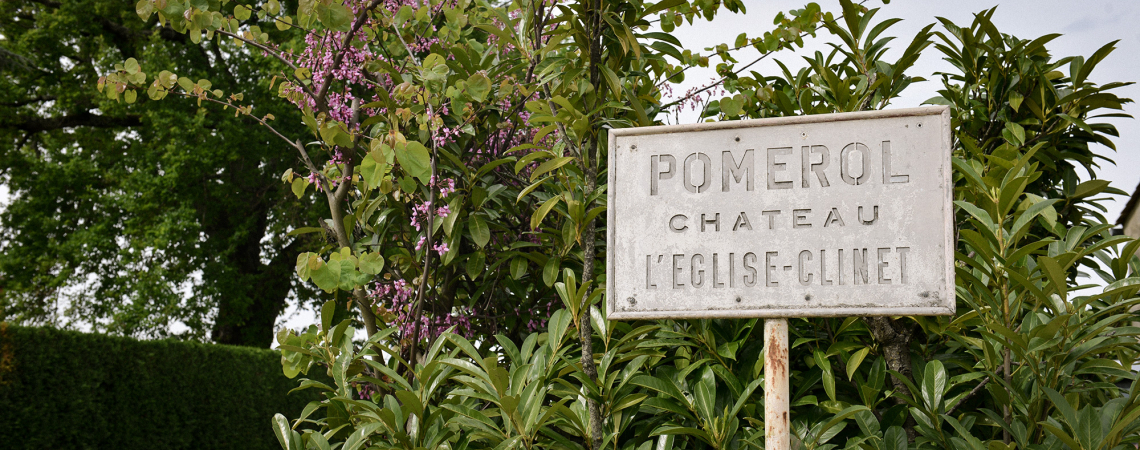 Metallschild vor üppigem grünen Laub und blühender Pflanze.