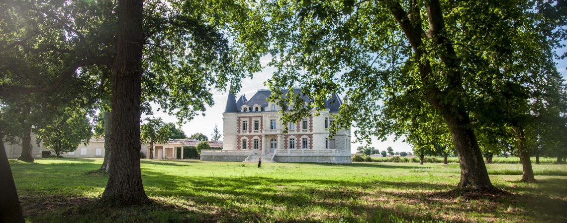 Historisches Schloss umgeben von Bäumen und Rasen in sonniger Landschaft.