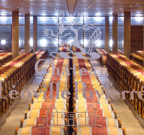 Weinkeller mit gestapelten Fässern und warmem Licht.