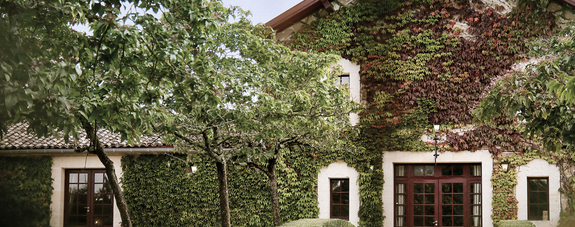 Efeu-bedecktes Haus mit symmetrischen Bäumen und gemauerten Treppen im Grünen.