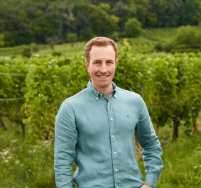 Mann in blauem Hemd steht lächelnd in einem grünen Weinberg.