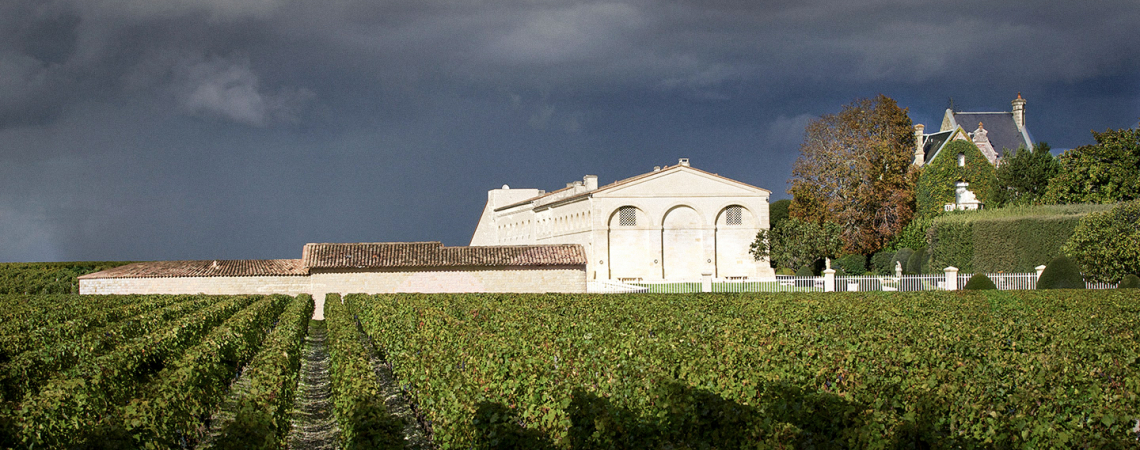 Vineyard with historic buildings under dramatic, cloudy sky.