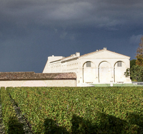 Vineyard with historic buildings under dramatic, cloudy sky.