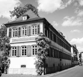 Schwarz-weiß Foto eines historischen Gebäudes mit Fensterläden und Kletterpflanzen.